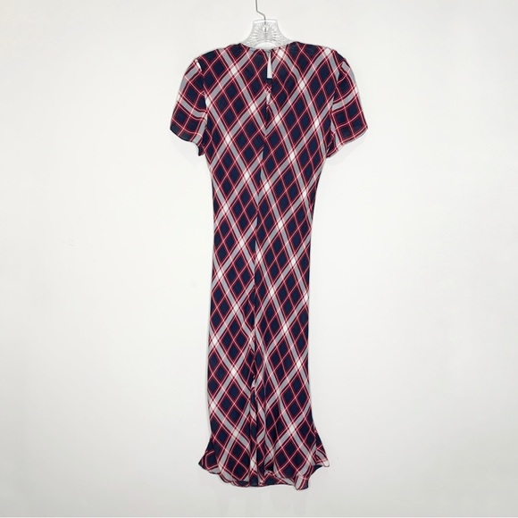 Jenni Kayne 100% Silk Short Sleeve Midi Sheath Dress (Sz S) Red Navy Blue Plaid - Picture 9 of 16